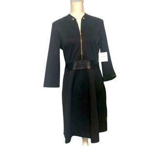 Ellen Tracy Black Gold Faux Leather Mixed Media  Dress Womens 10 NWT